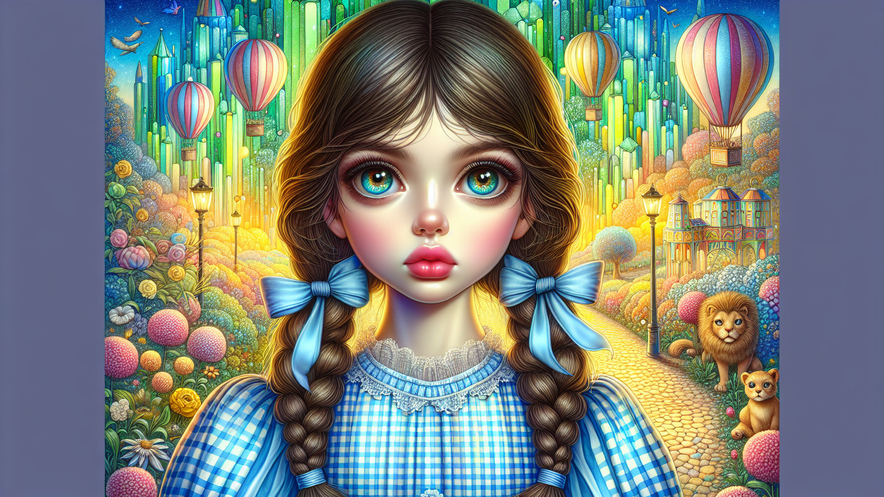 Whimsical Illustration of a Girl in Colorful Landscape