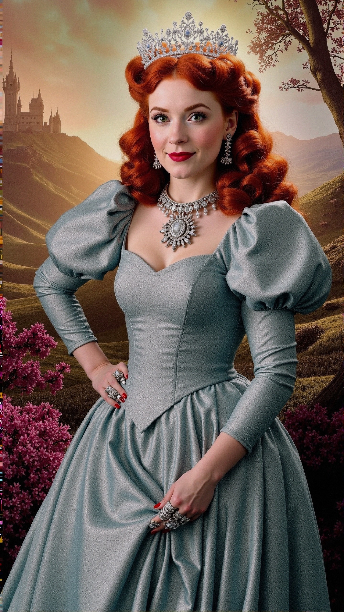 Regal woman in silver gown with vibrant red curls