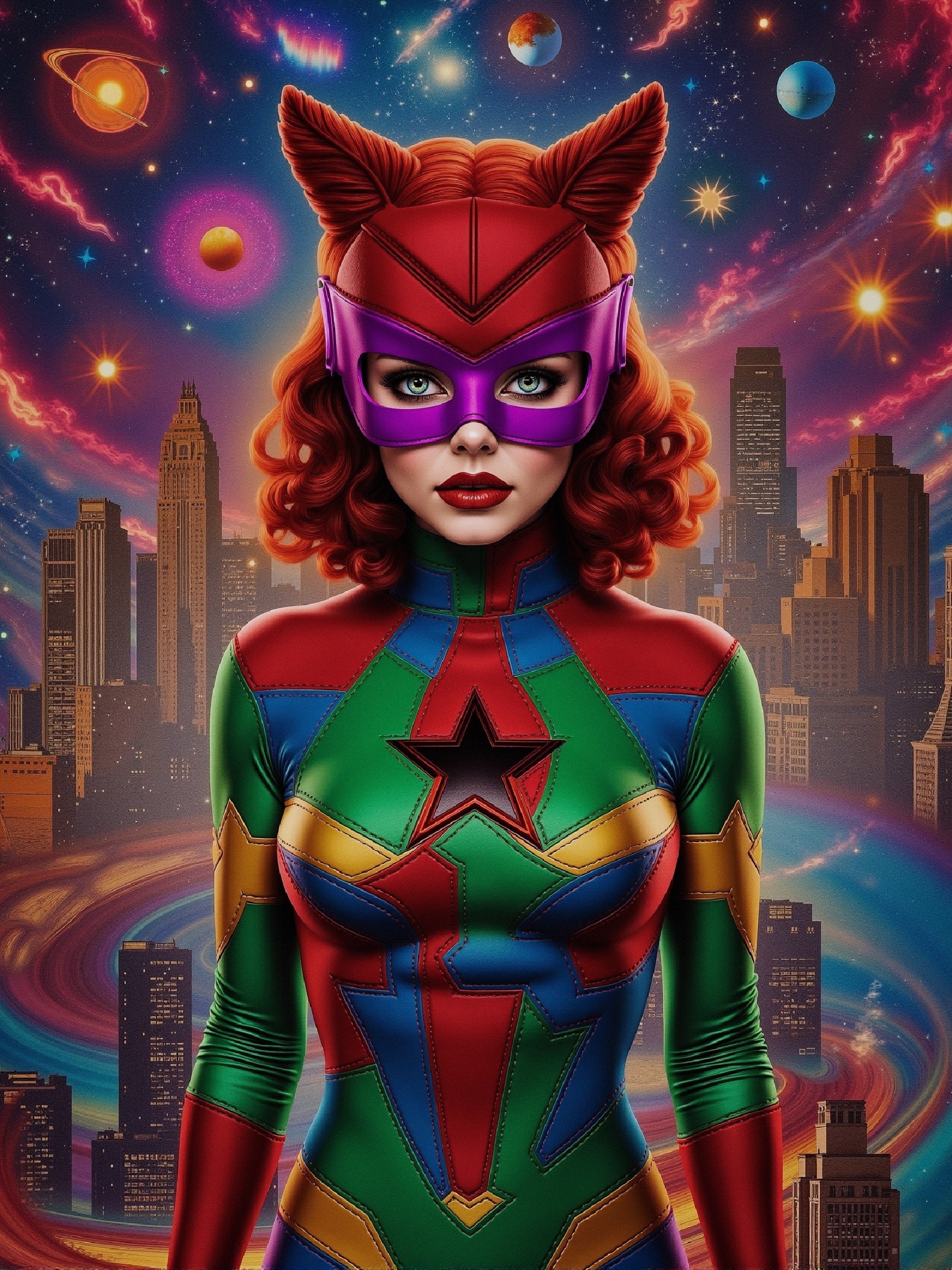 Vibrant Superheroine with Cosmic Background and City Skyline