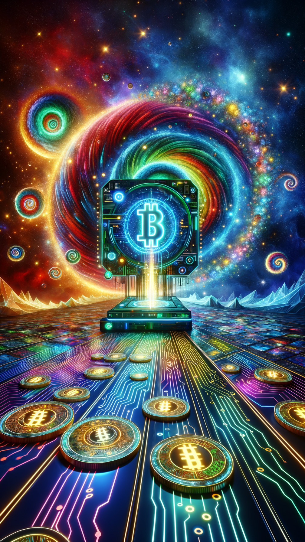 Cosmic Scene with Bitcoin Symbol and Futuristic Device