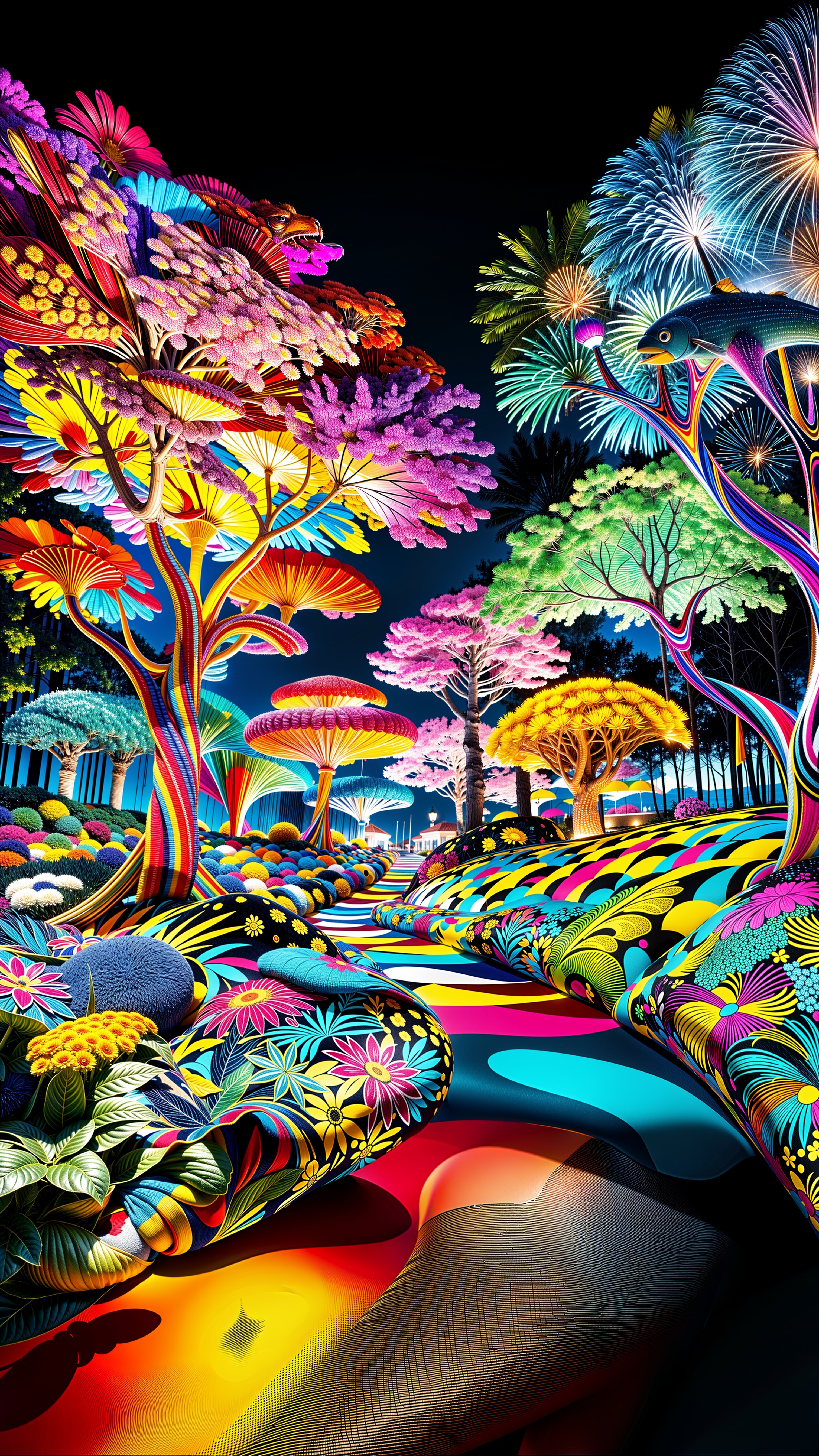 Surreal Landscape with Colorful Trees and Mushrooms