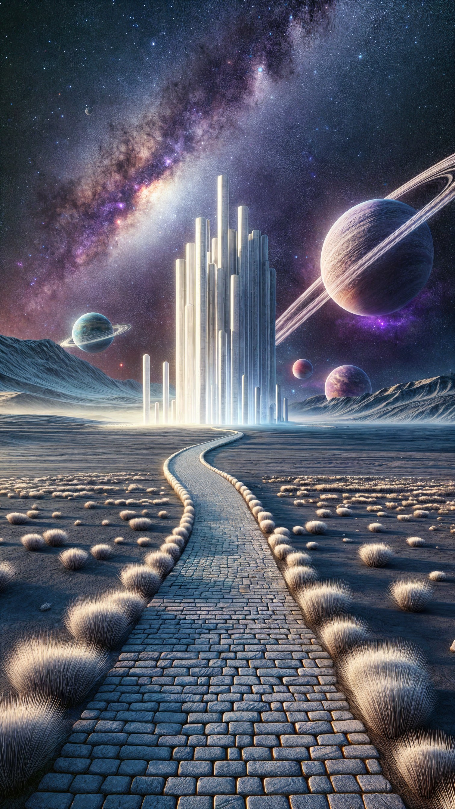 Surreal Landscape with Crystalline Structure and Planets