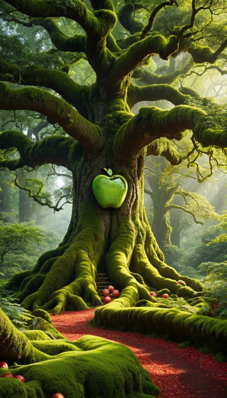 Ancient Tree with Apples in a Lush Forest Setting