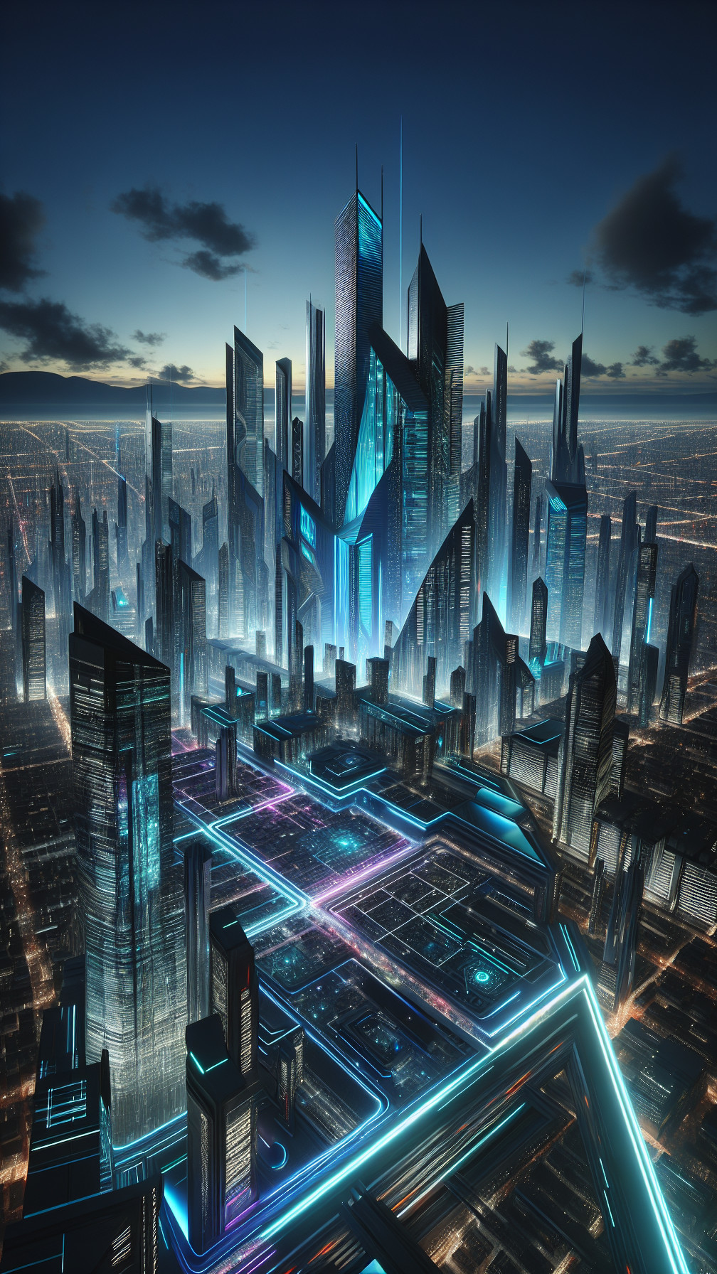 Futuristic Cityscape at Dusk with Neon Lights
