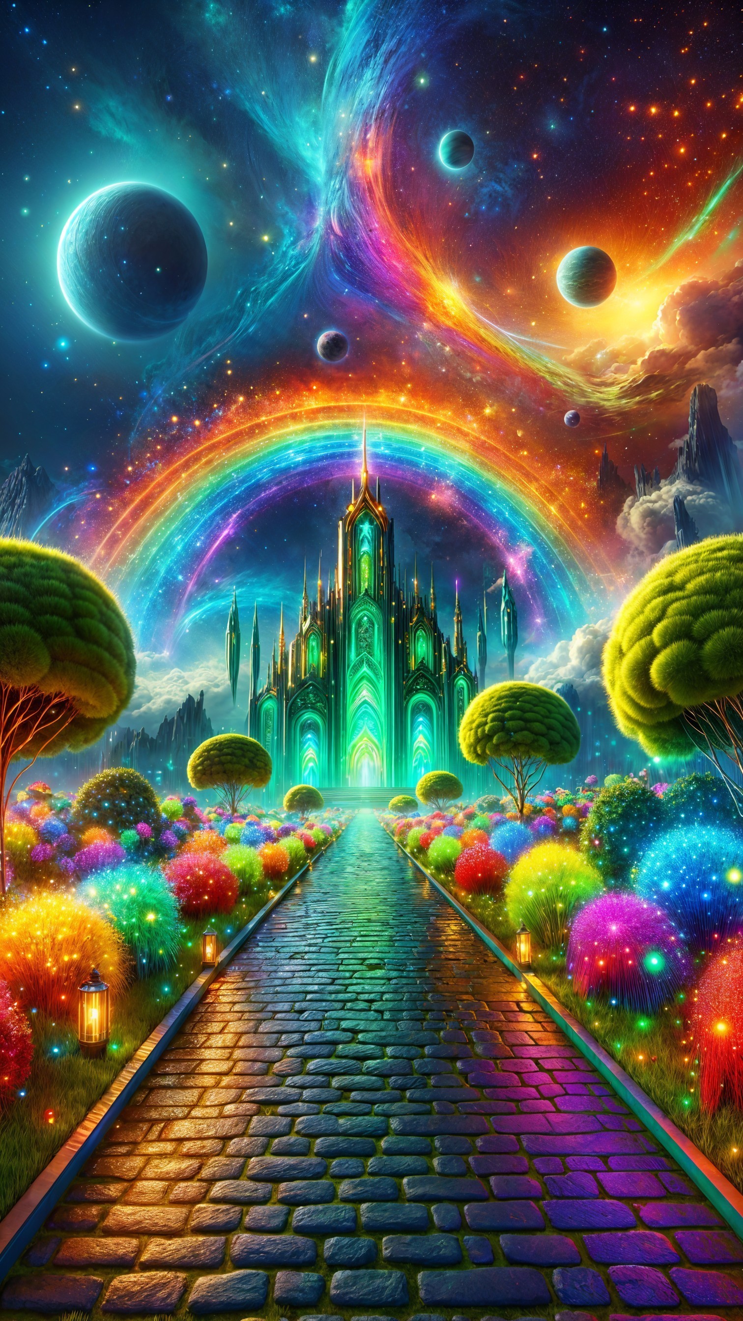 Majestic castle in vibrant cosmic landscape scene
