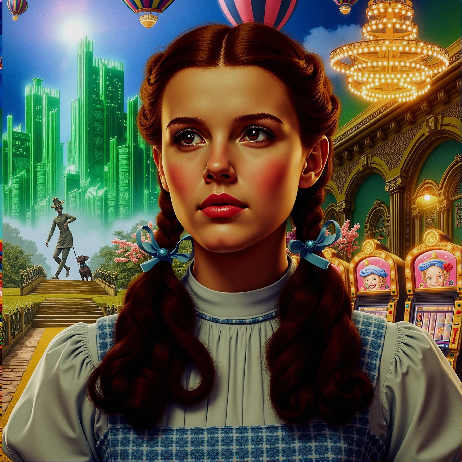 Young girl in blue dress in vibrant enchanted landscape