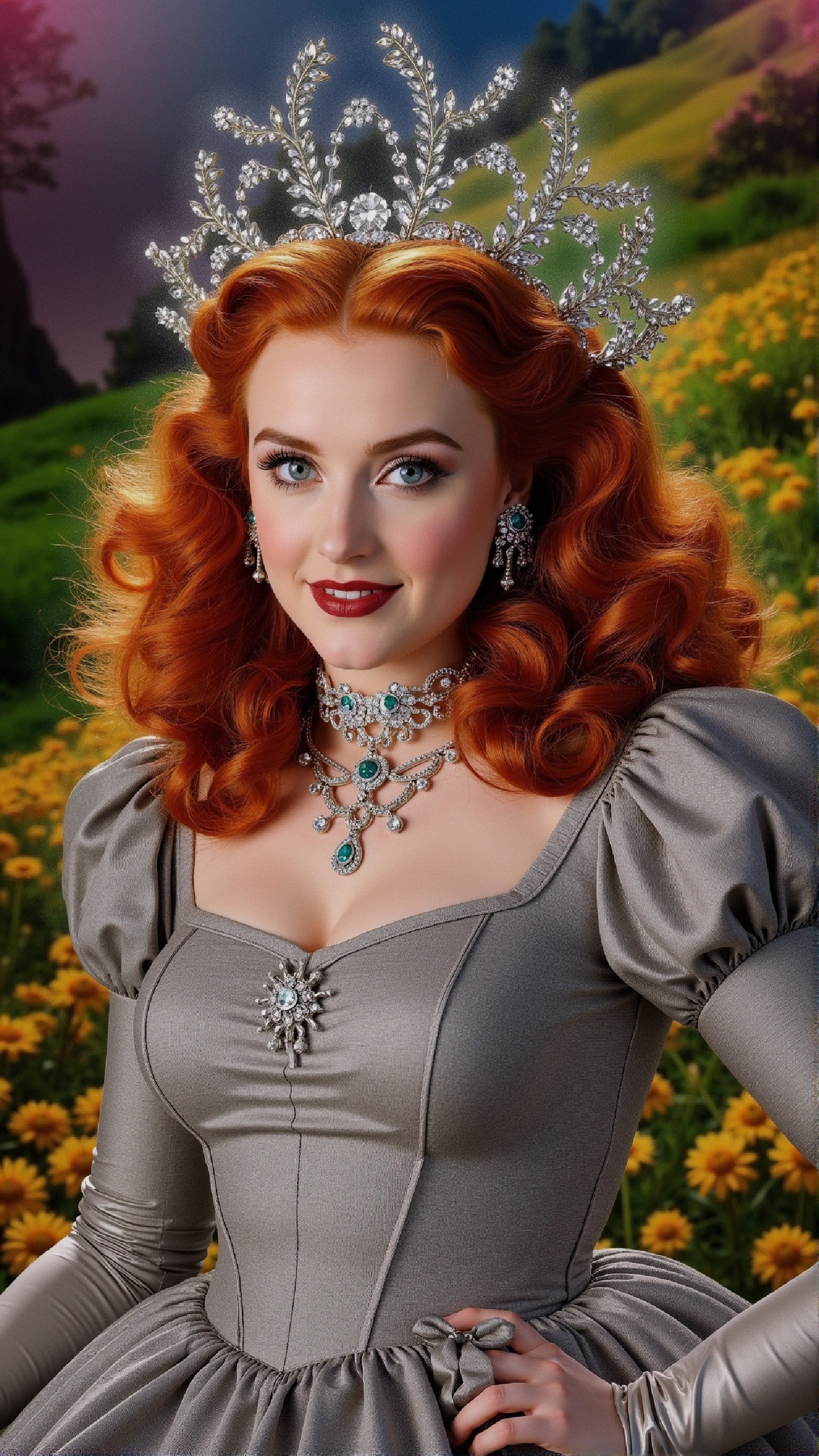 Regal figure in vibrant meadow with elegant gown