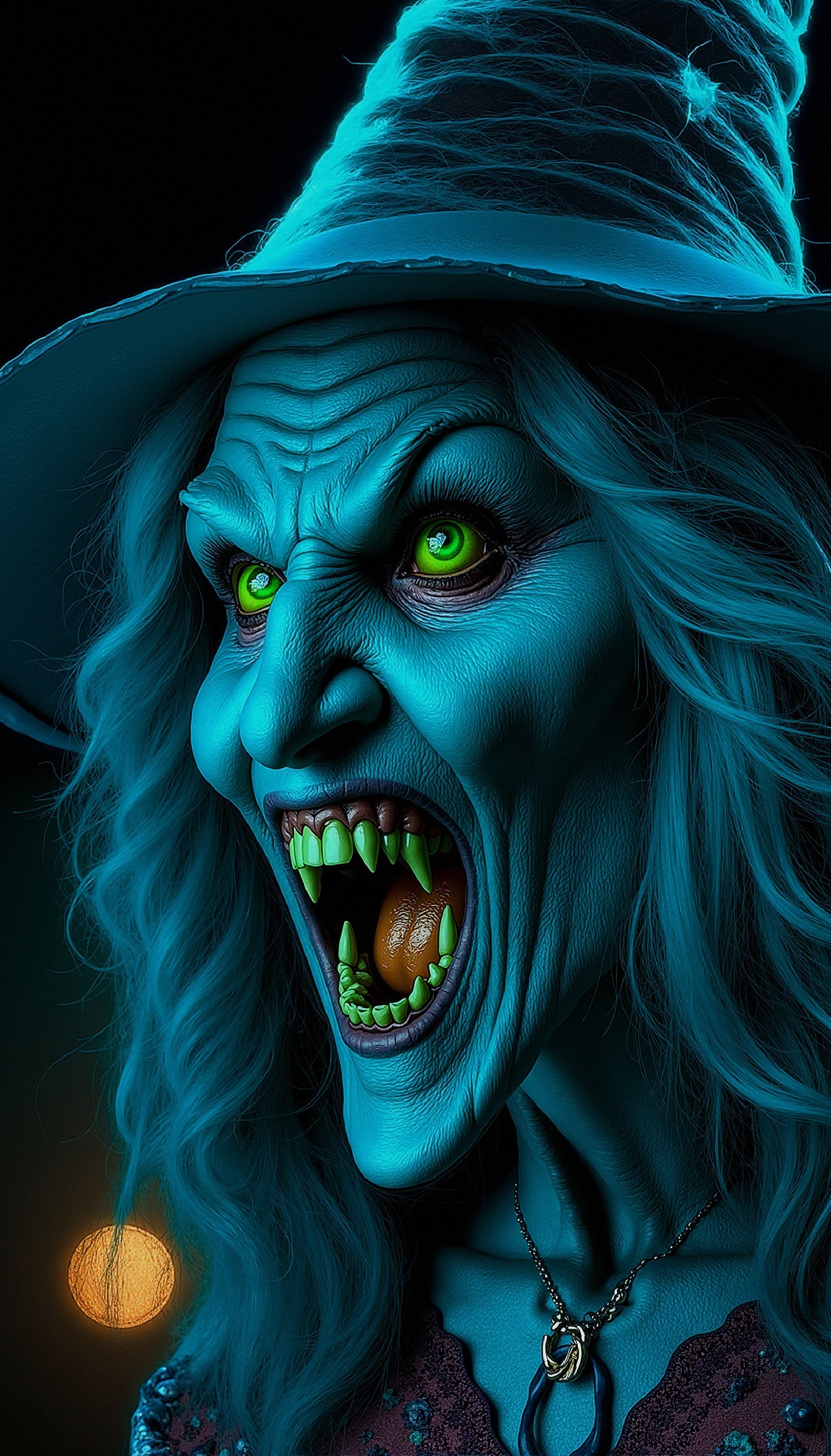 Eerie Witch with Wild Hair and Green Eyes