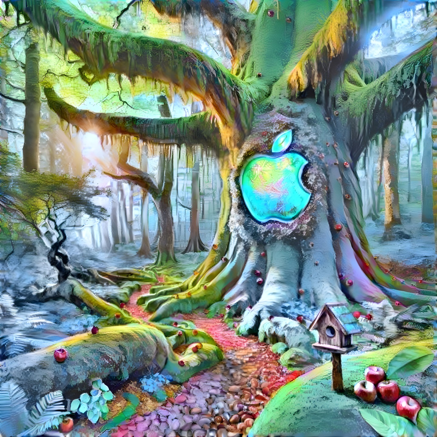 Mystical forest with giant tree and vibrant flora