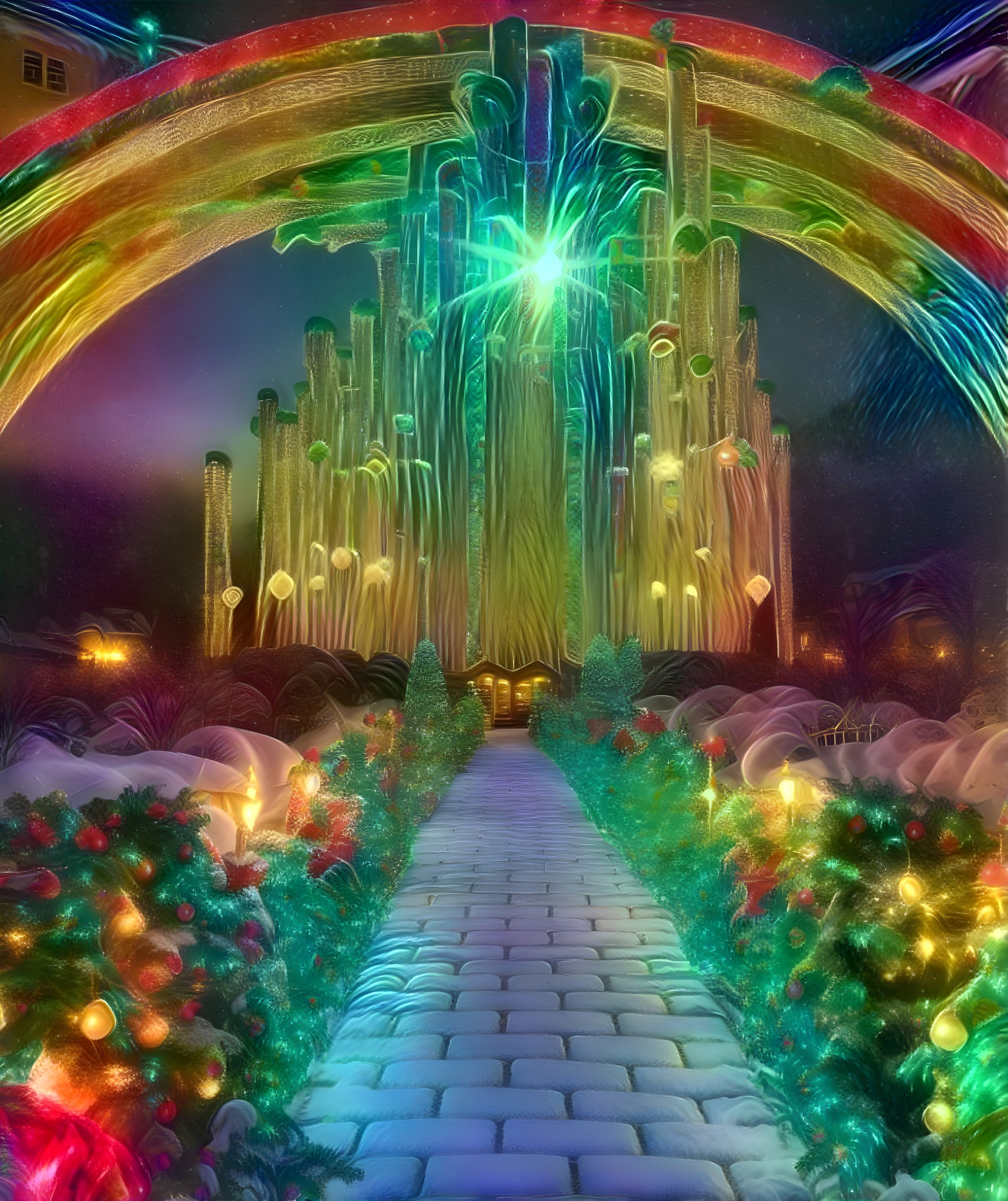 Vibrant Pathway in a Festive, Magical Landscape