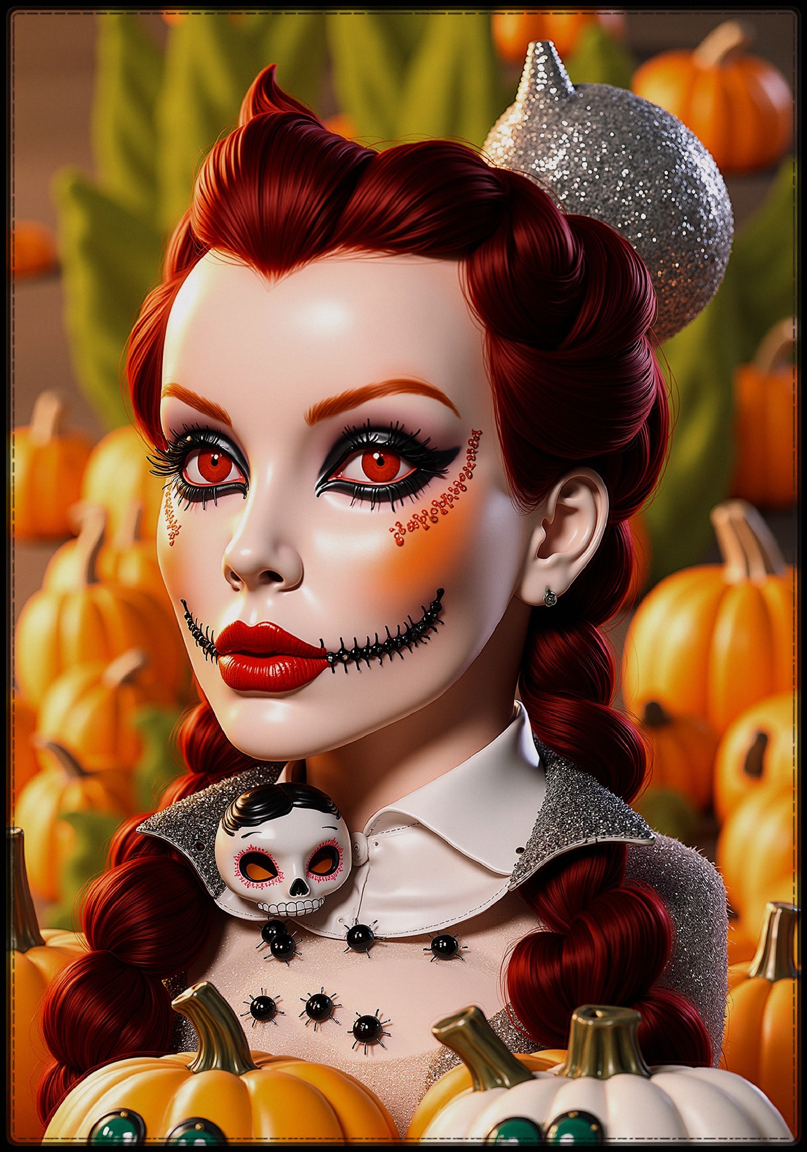 Bold Red Haired Character with Halloween Theme Elements