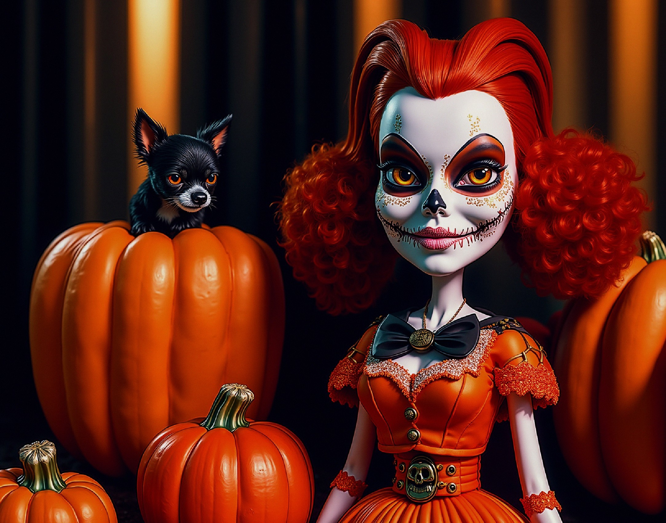 Whimsical Doll with Red Hair and Halloween Decor