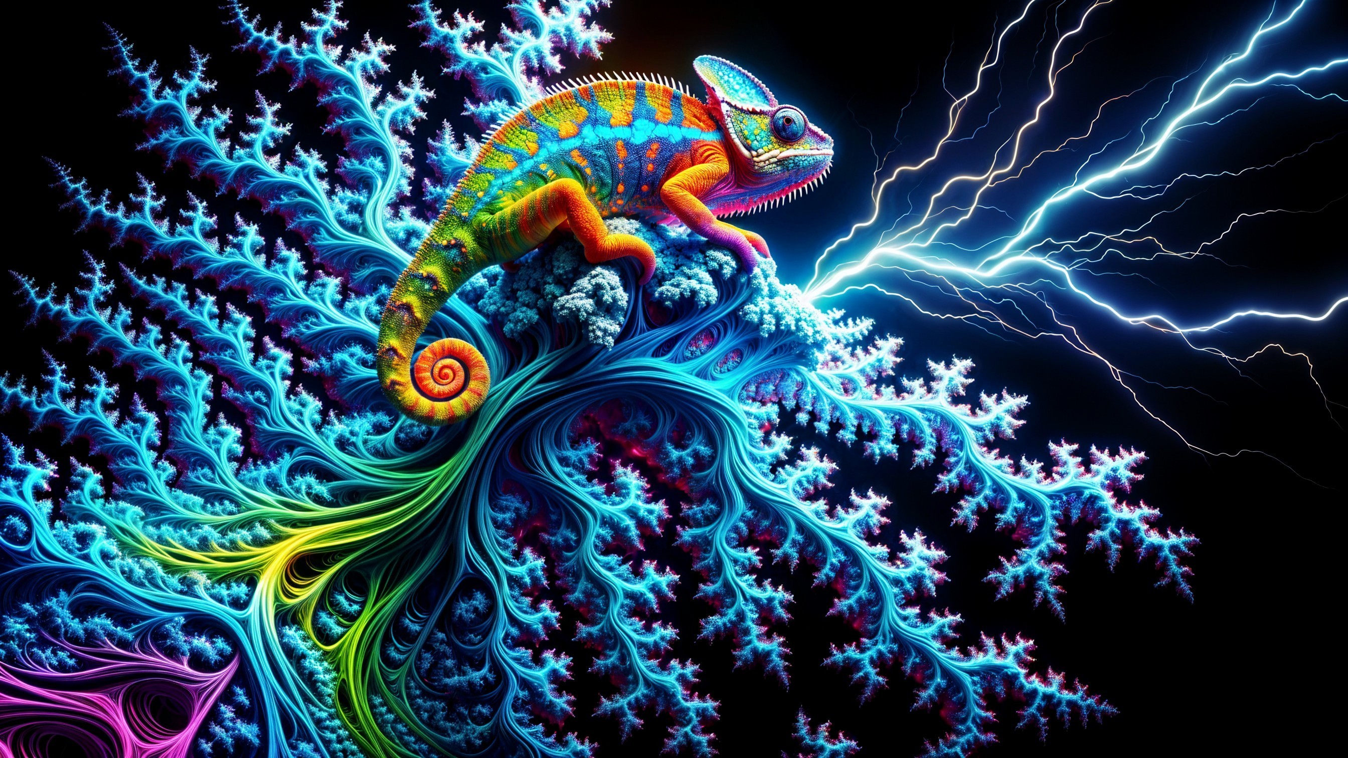 Vibrant Chameleon on Fractal Branch with Lightning Bolts