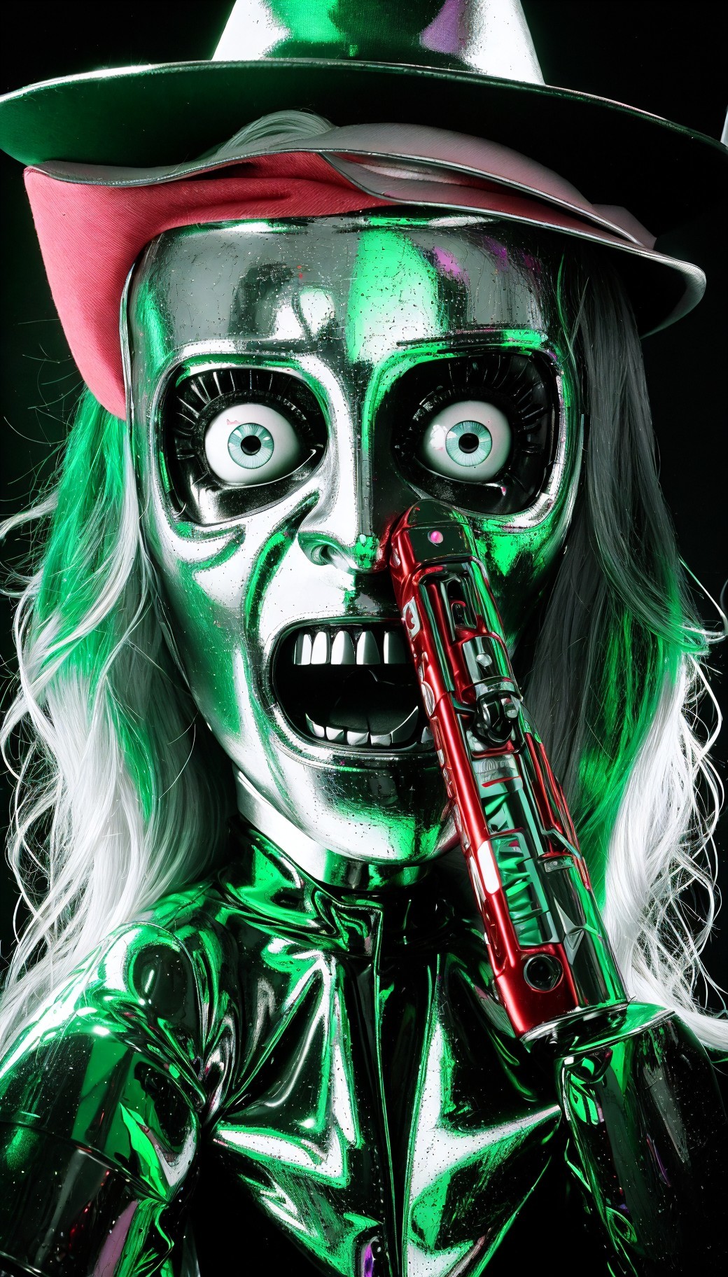 Metallic Puppet with Green Surface and Red Toy Gun