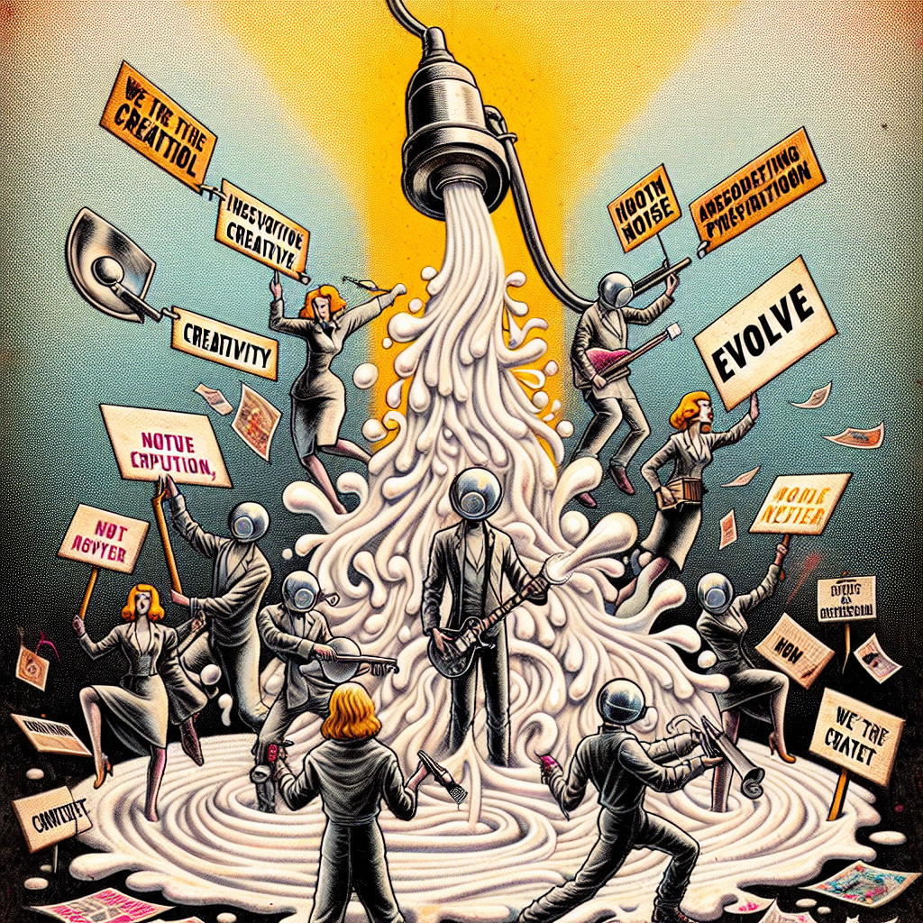 Illustration of a central figure with guitar in chaotic scene