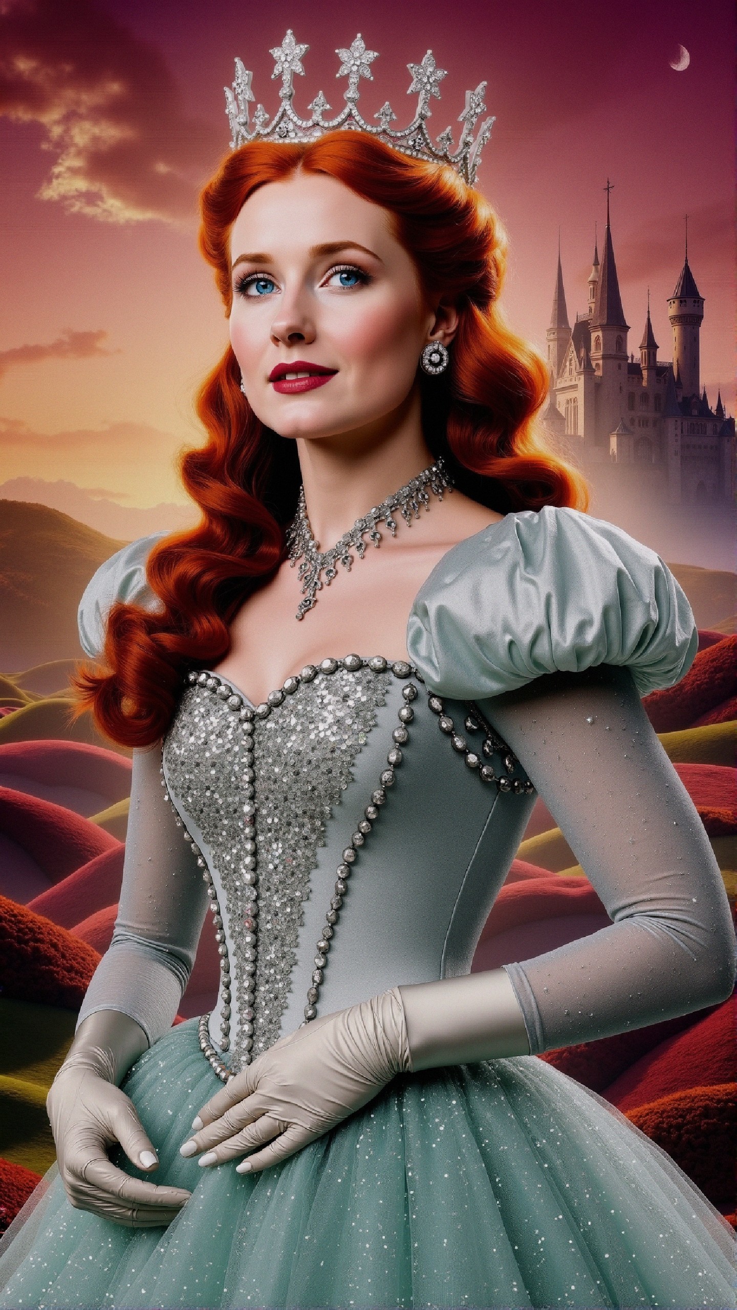 Majestic princess in jeweled gown with castle backdrop