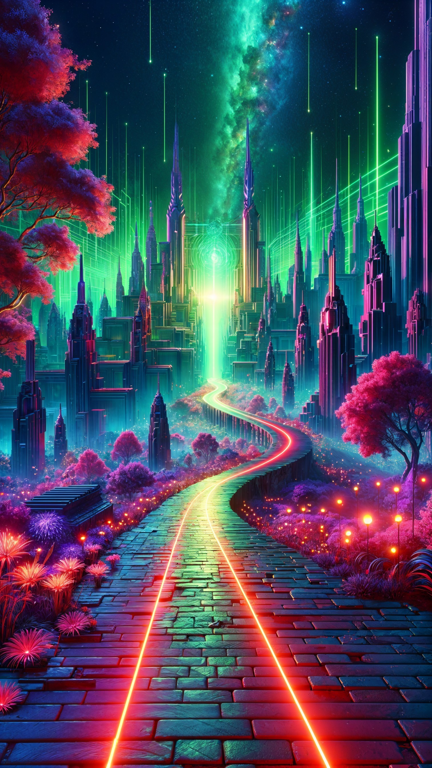 Futuristic cityscape with neon colors and greenery