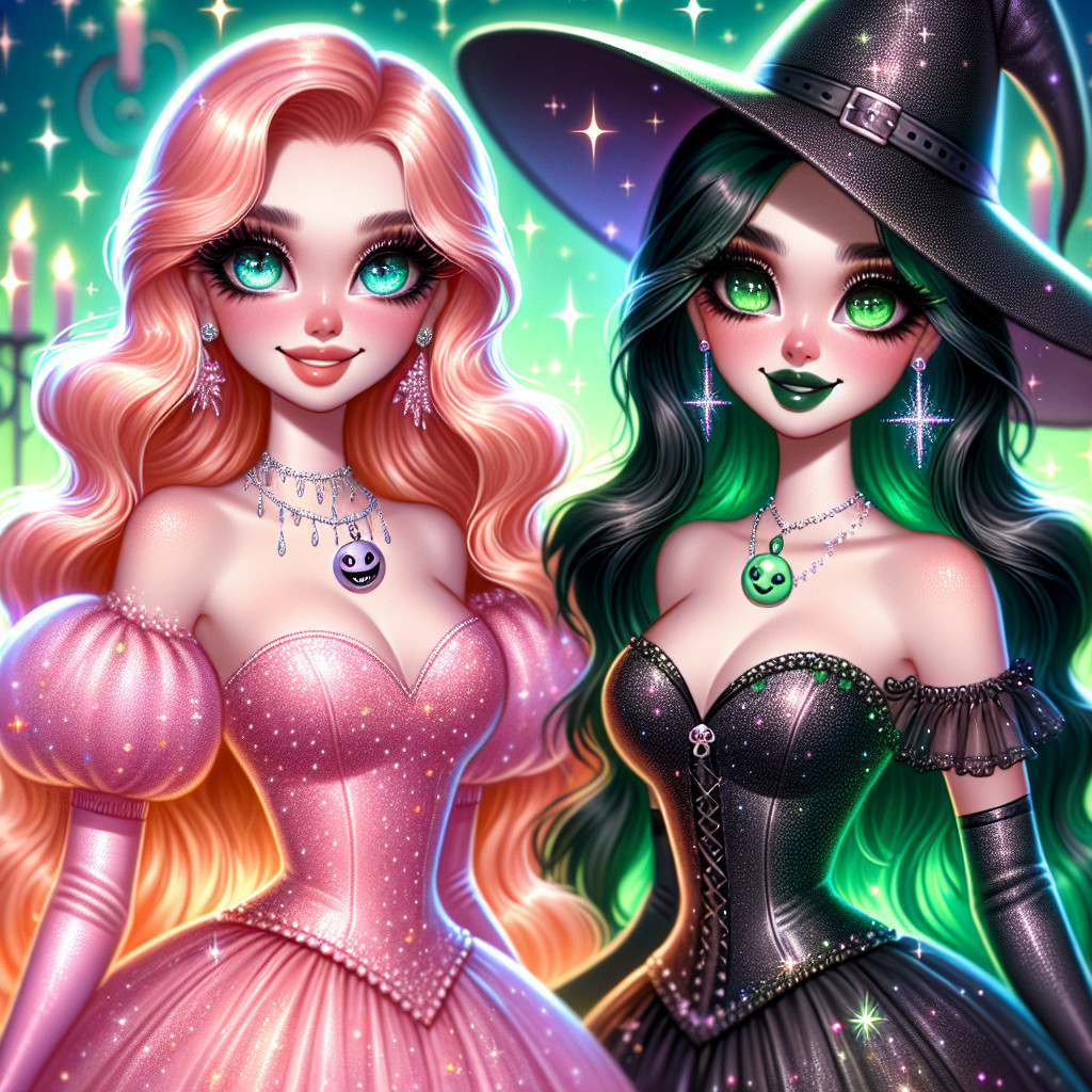 Stylish dolls in pink gown and witch outfit with accessories