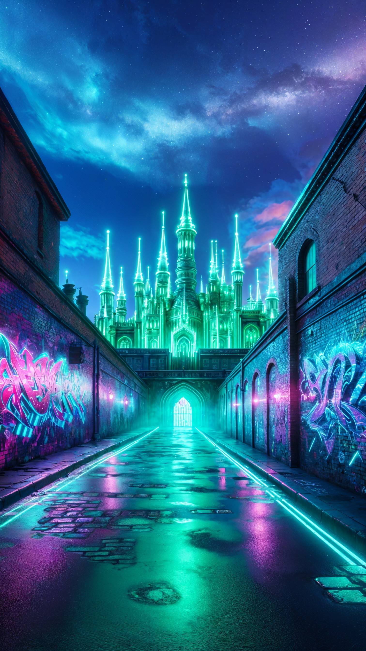 Futuristic alleyway and ethereal castle at night