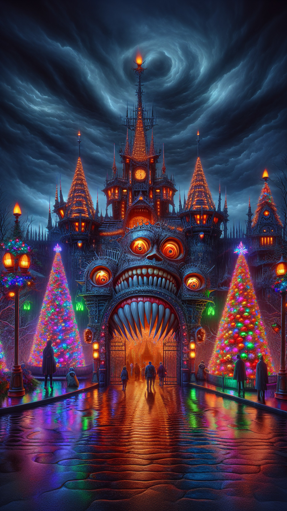 Ominous castle with glowing eyes and festive trees