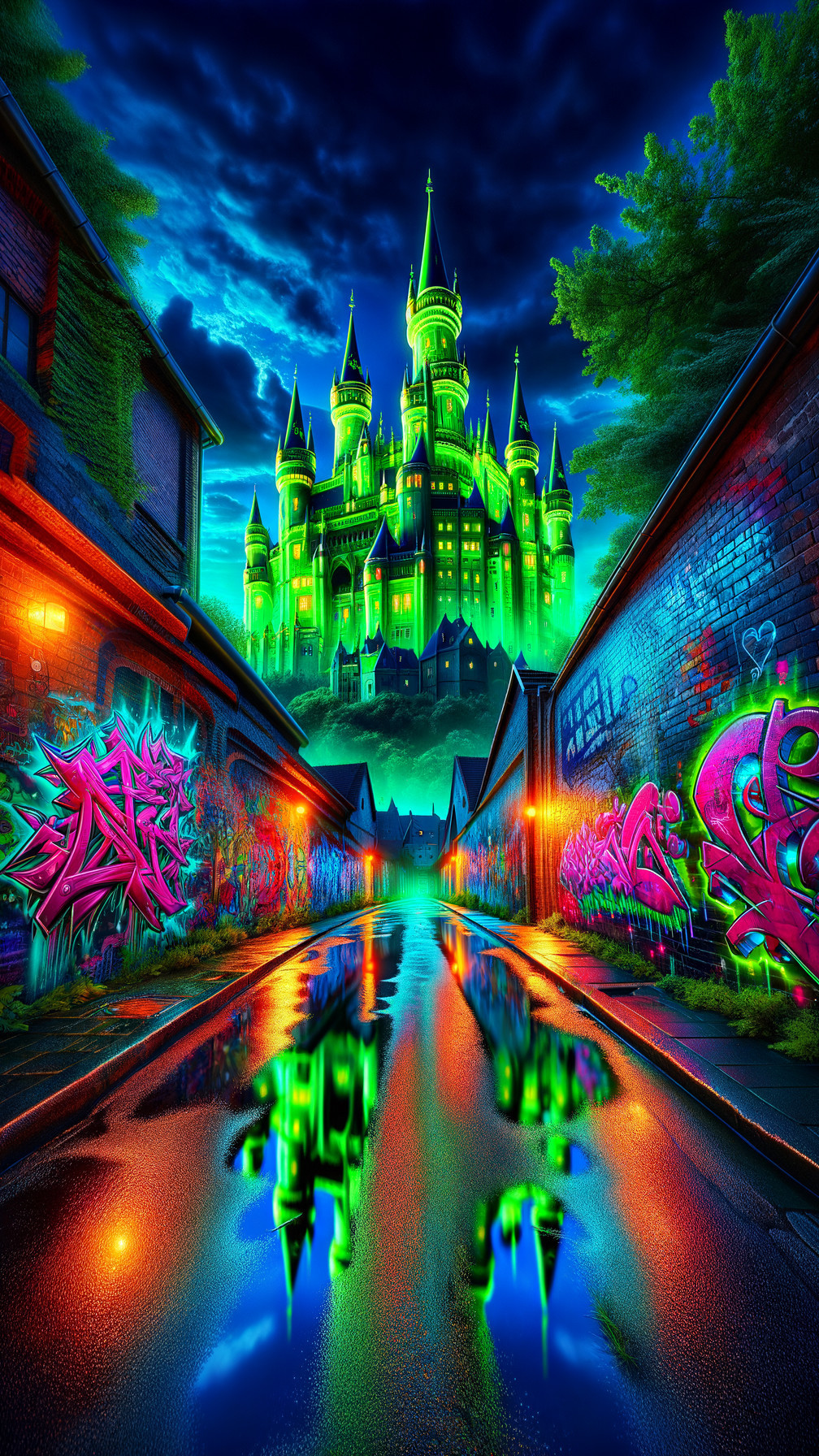 Vibrant Castle and Urban Art in Otherworldly Scene