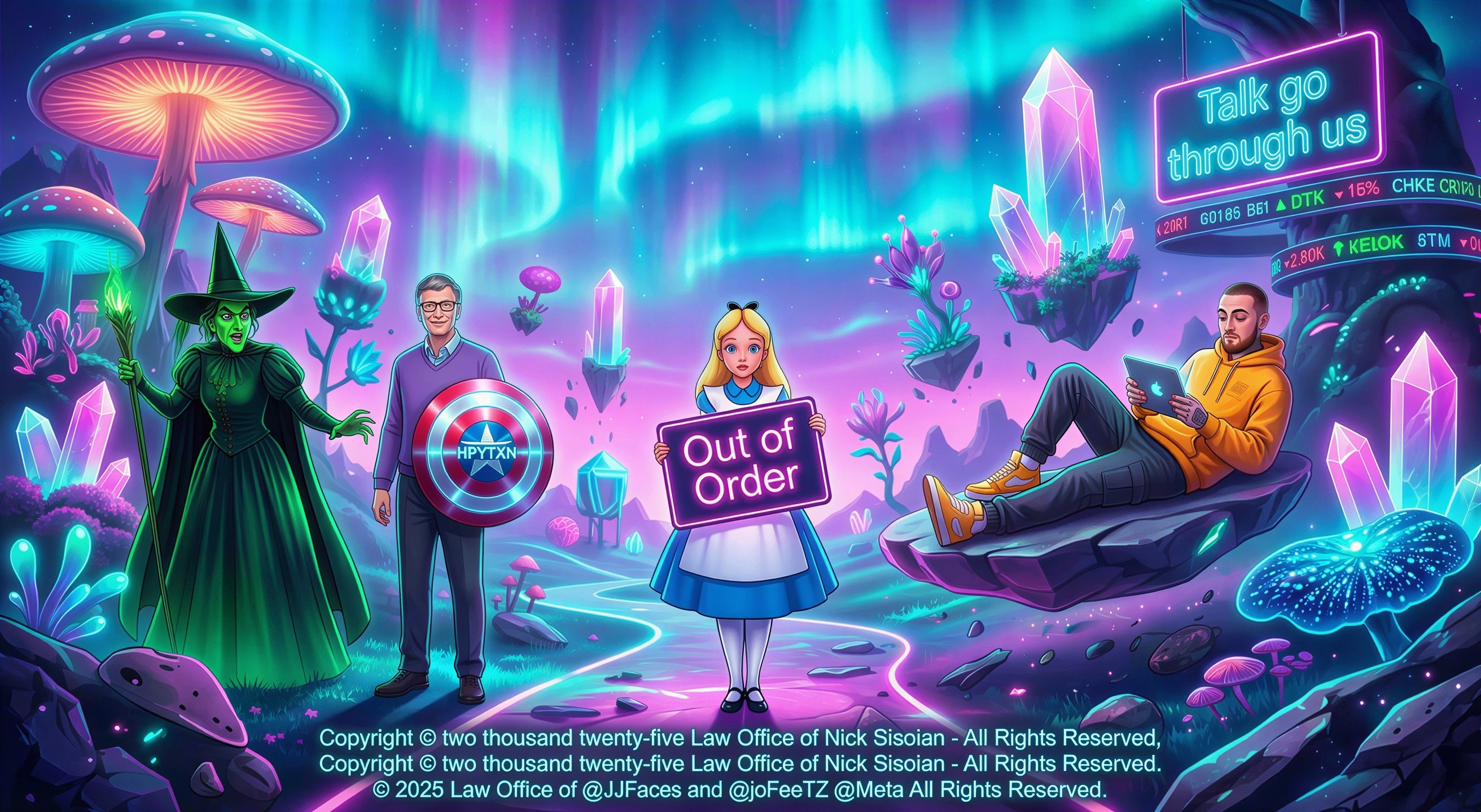 Vibrant Landscape with Crystals and Fantasy Characters