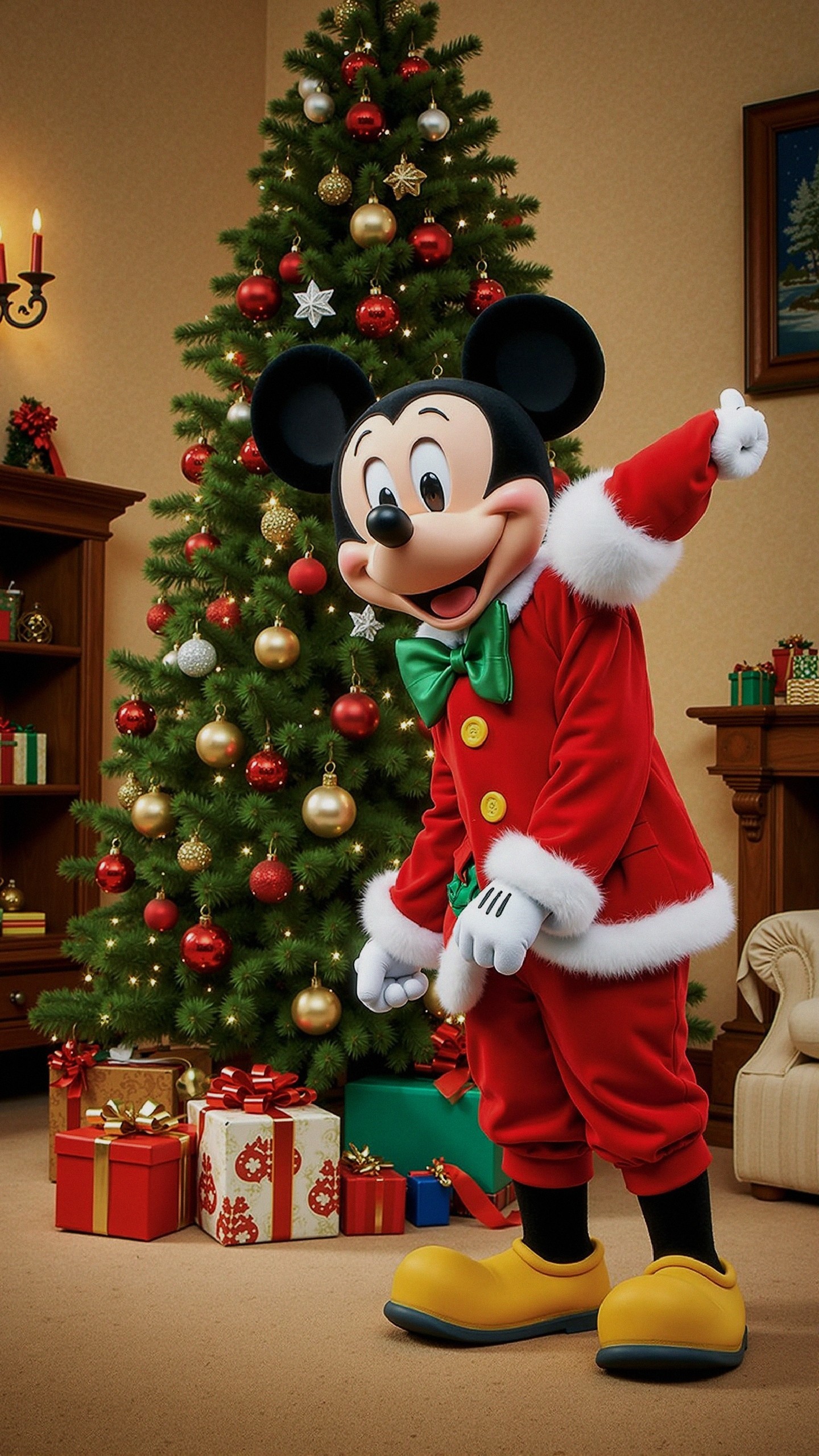 Mickey Mouse in Santa Suit by Decorated Christmas Tree