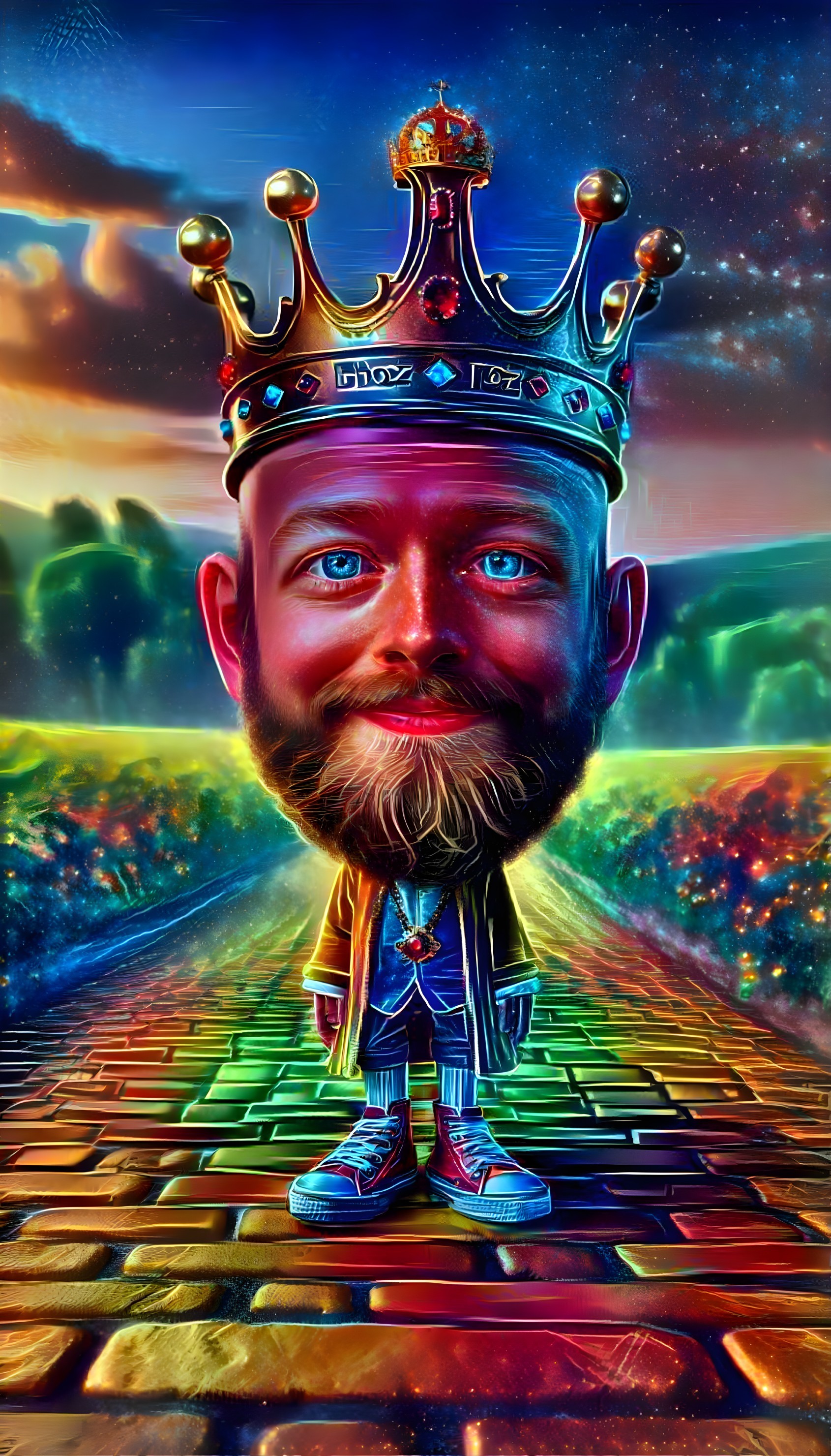 Whimsical Character with Colorful Crown in Landscape