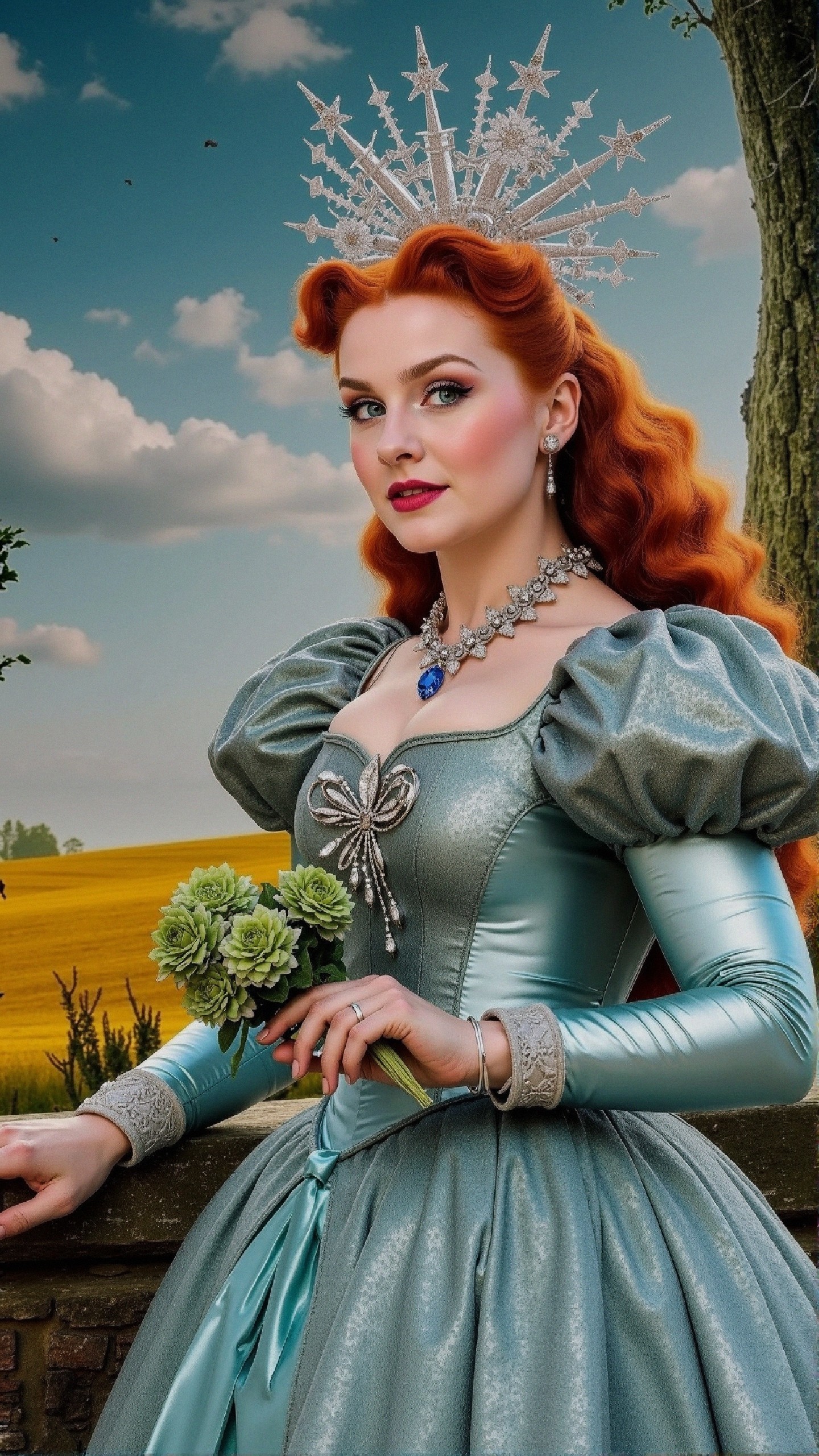 Regal woman in blue gown with crown and flowers