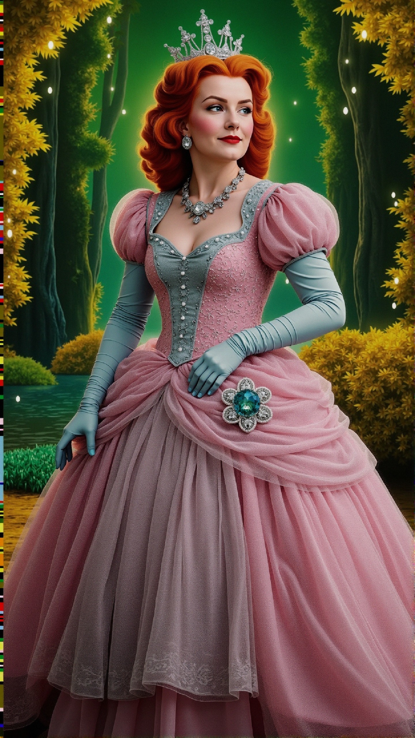 Regal Figure in Luxurious Pink Gown in Enchanting Forest