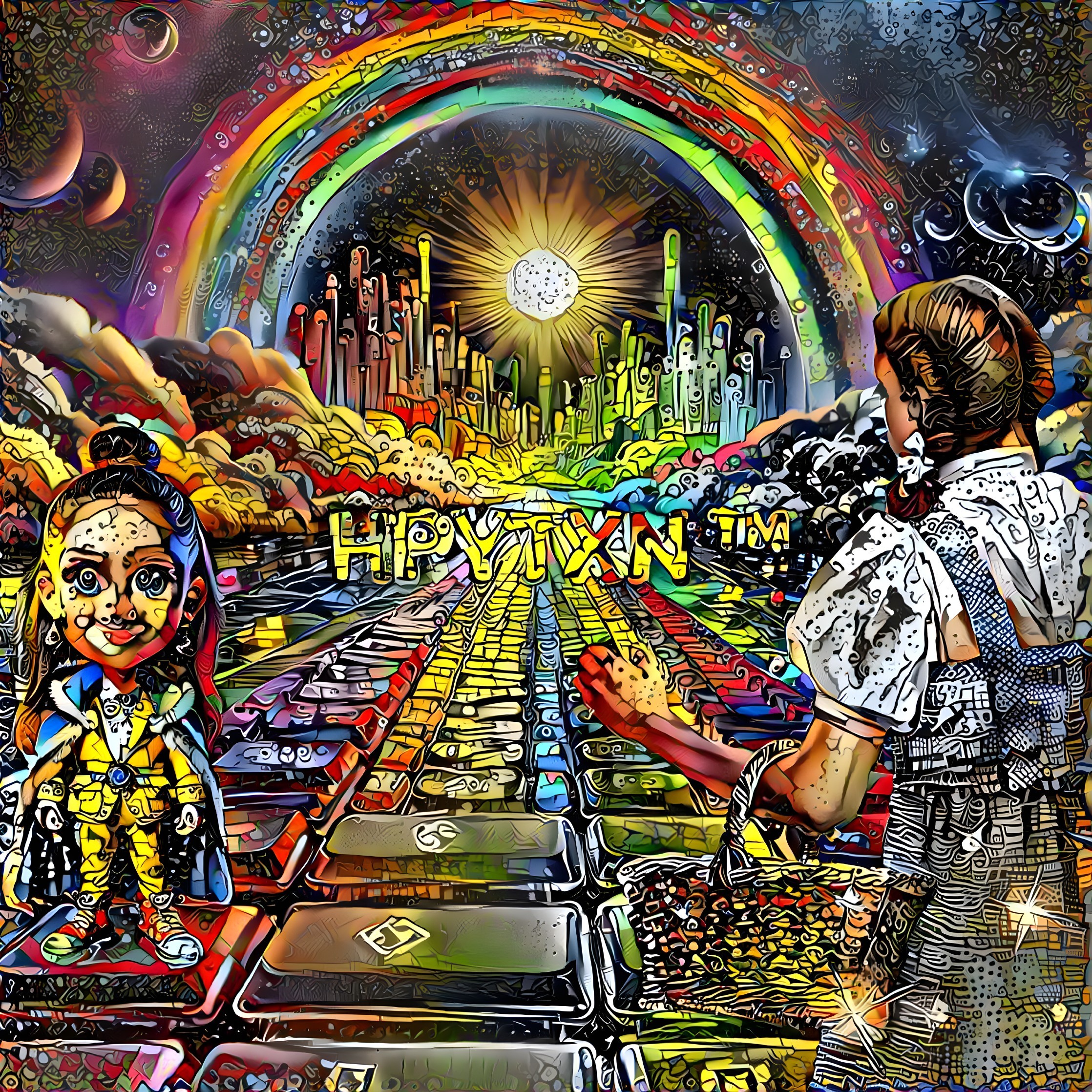 Surreal Cityscape with Rainbow and Whimsical Elements
