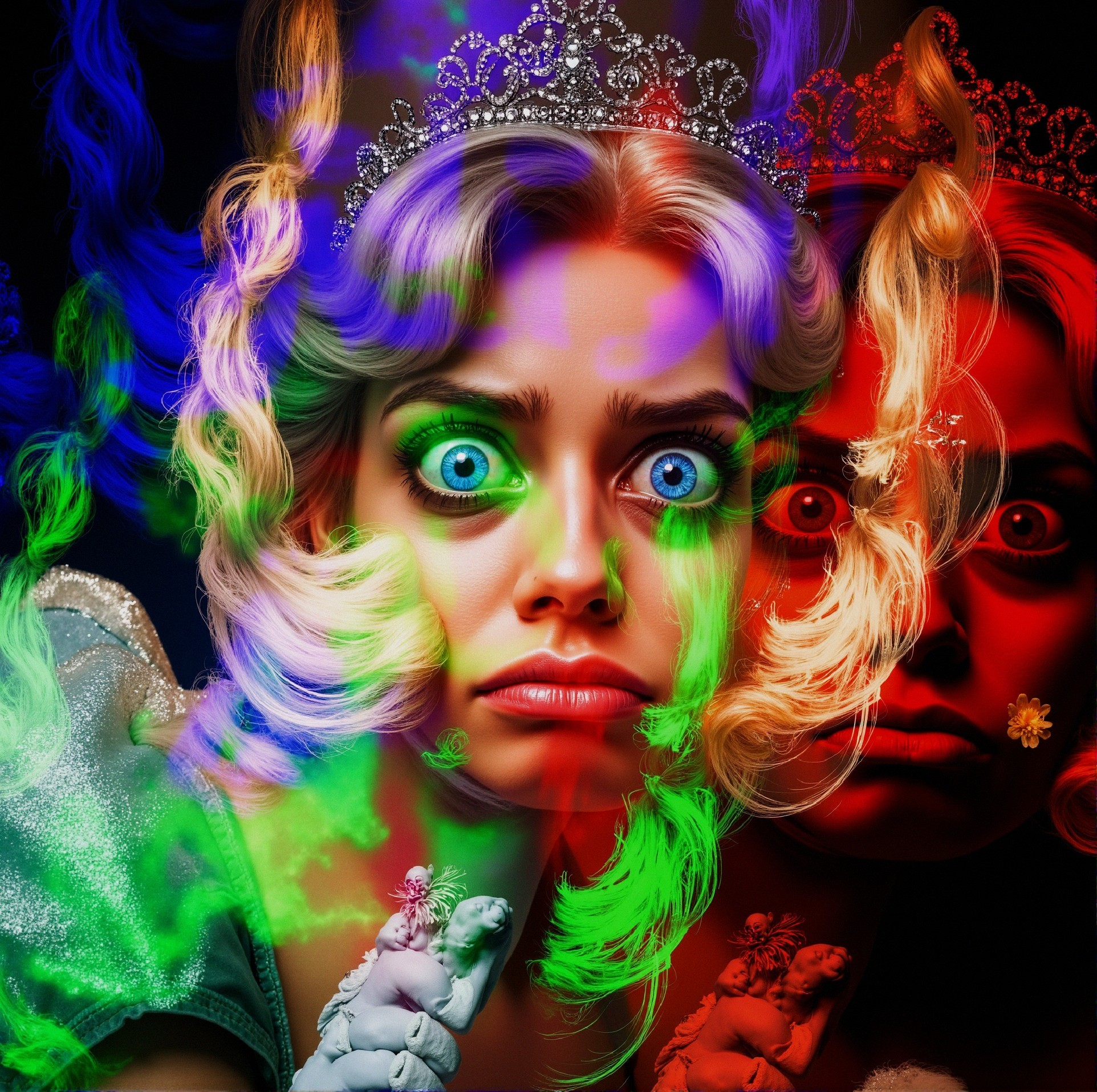 Surreal Portrait of a Woman with Blue Eyes and Tiara