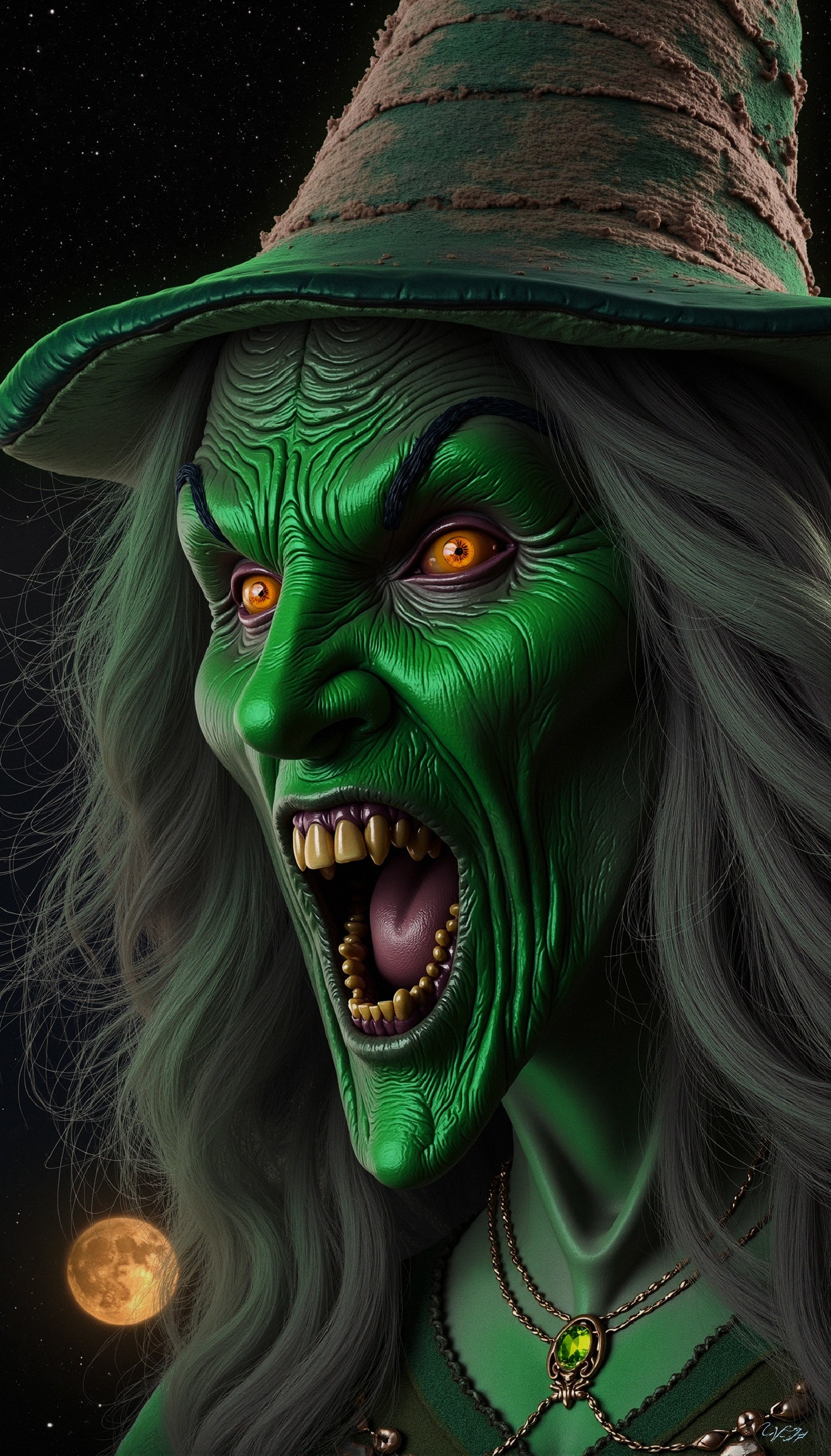 Fierce Green-Skinned Witch in Starry Background