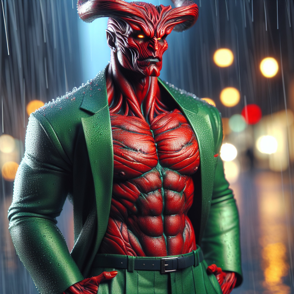Muscular Demonic Figure in Tailored Green Suit
