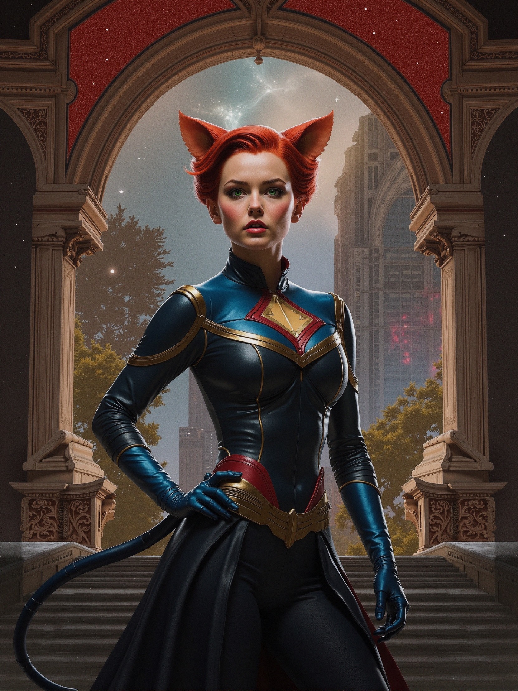 Female superhero in striking black and blue costume