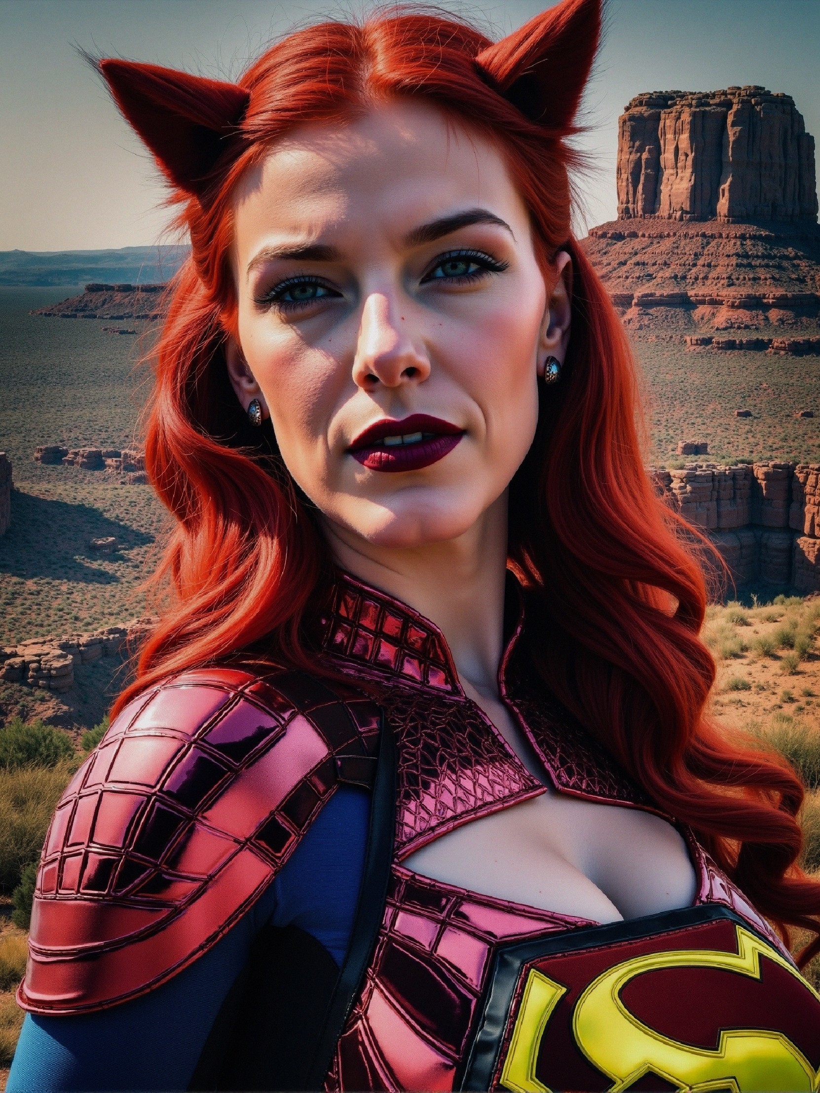 Confident Woman in Superhero Costume in Desert Landscape