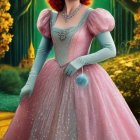 Regal Figure in Luxurious Pink Gown in Enchanting Forest