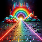 Surreal Landscape with Rainbow and Digital Pathway