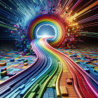 Surreal Rainbow-Colored Tunnel with 3D Landscape