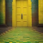 Vibrant Facade with Yellow Door and Reflective Pathway