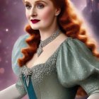 Elegant figure in mint-green gown with fairytale castle