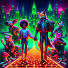 Neon Cityscape with Whimsical Creatures and Adventure
