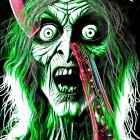 Menacing Witch with Exaggerated Features and Weapons