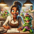 Cheerful Woman in Restaurant with Playful Frogs
