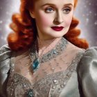 Glamorous woman in silver gown with red hair and tiara