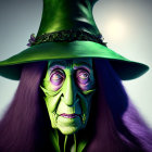 Menacing Witch with Green Skin and Purple Hair