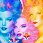 Stylized Women with Colorful Hair and Foxes Design