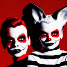 Figures with bold makeup against a red background