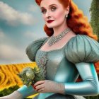 Regal woman in blue gown with crown and flowers