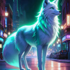 Majestic White Wolf in Neon-Lit Urban Landscape